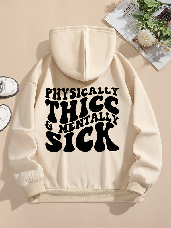 Women's Plus Size Letter Print Hoodie - 100% Polyester 220gsm Heavyweight Casual Pullover with Kangaroo Pocket, Ribbed Cuffs & Drawstring Hood, Machine Washable Fall Winter Warm Sweatshirt, Casual Winter Wear | Relaxed Fit Top | Polyester Hoodie, Essentia